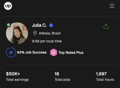 Captura do perfil público da Julia na Upwork: Julia C., 93% Job Success, Top Rated Plus, US$ 50K+ em ganhos totais, 18 trabalhos e 1.997 horas